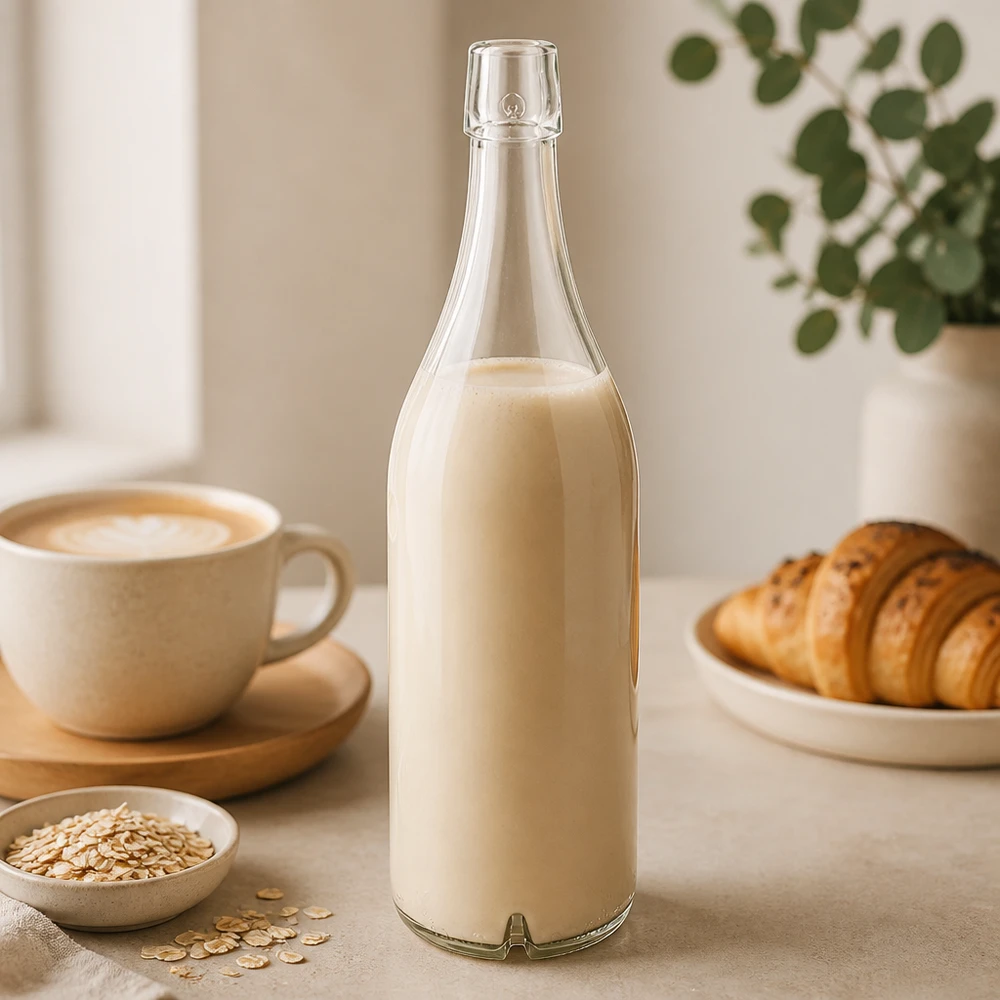 Glazen fles 1000ml UNiTWIST gevuld met havermelk ontbijt tafel croissant koffie licht keuken groente