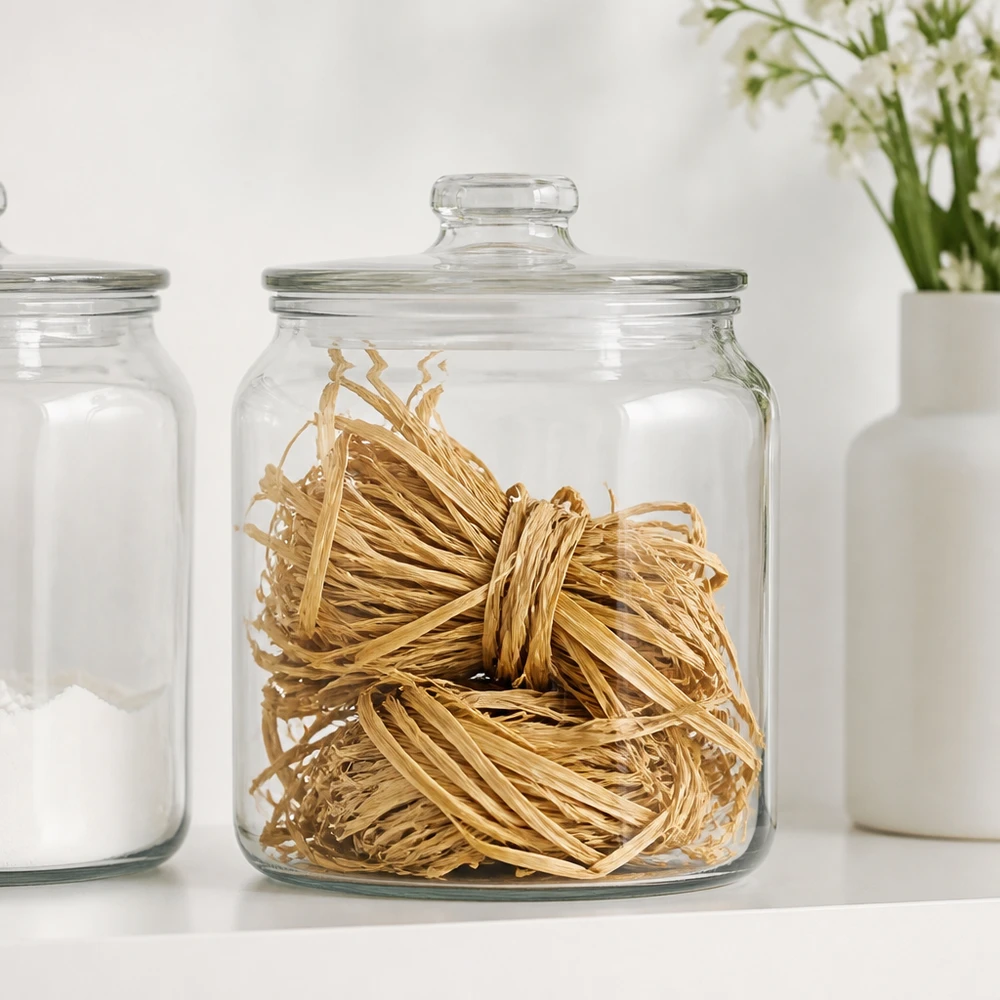 Natuurlijke raffia 30g in glazen pot met deksel, opgeborgen naast witte voorraadpotten voor het netjes organiseren van knutselmaterialen