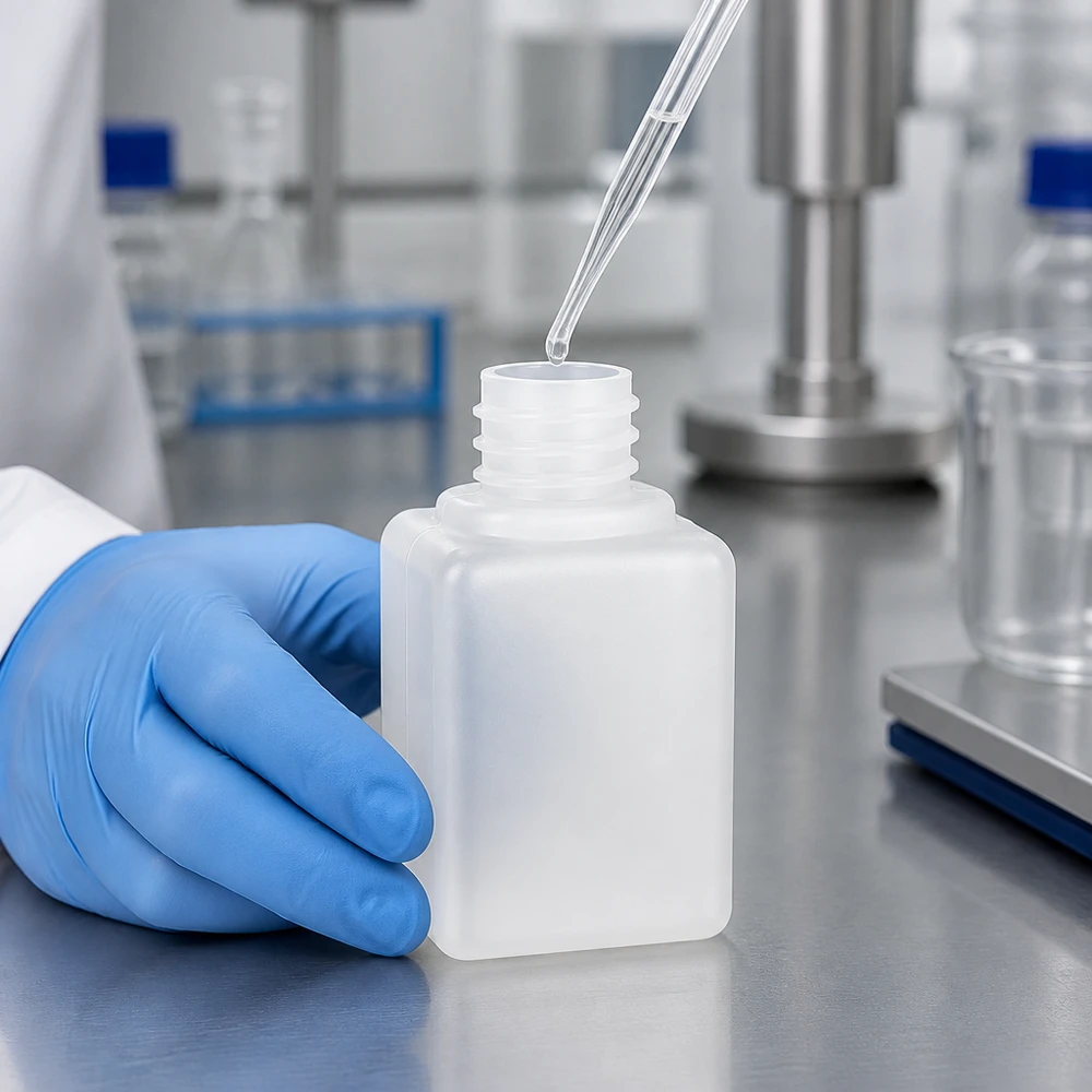Chemicaliënfles 20 ml, nauwe hals Vullen van een compact PE-HD-flesje van 20 ml met GL18-smalle hals met behulp van een overdrachtpipet