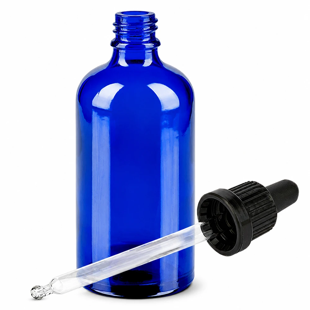Medicijnfles 100ml kobaltblauw met druppelaar voor farmaceutische toepassingen