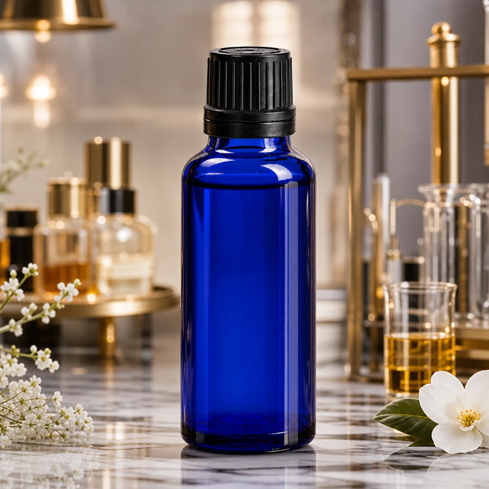 Hoogwaardig blauw farmaceutisch flesje van 30 ml, gemaakt van UV-bestendig glas, met een kindveilige schroefdop