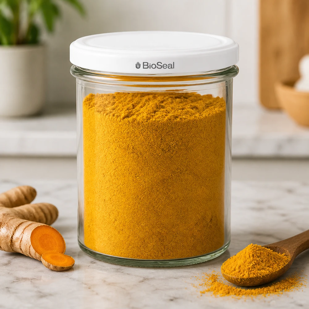 350ml bekers met BioSeal deksel wit UNiTWIST UNiTWIST Sturz350 potje gevuld met kurkumapoeder demonstreert luchtdicht bewaren van specerijen dankzij TO82 BioSeal deksel