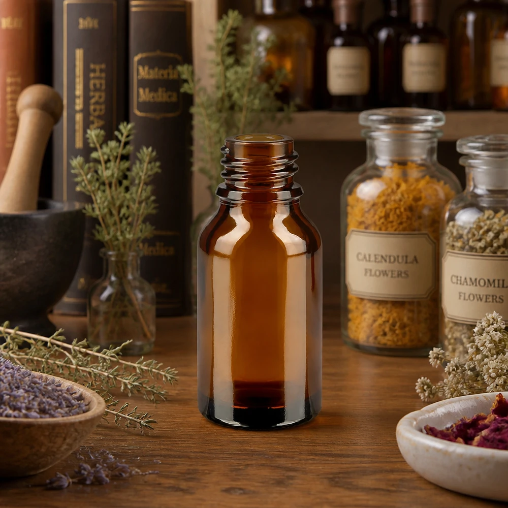 30ml bruine apothekersfles hoge vorm ApoGlas kruiden apotheek gedroogde geneeskrachtige planten kamille lavendel boeken