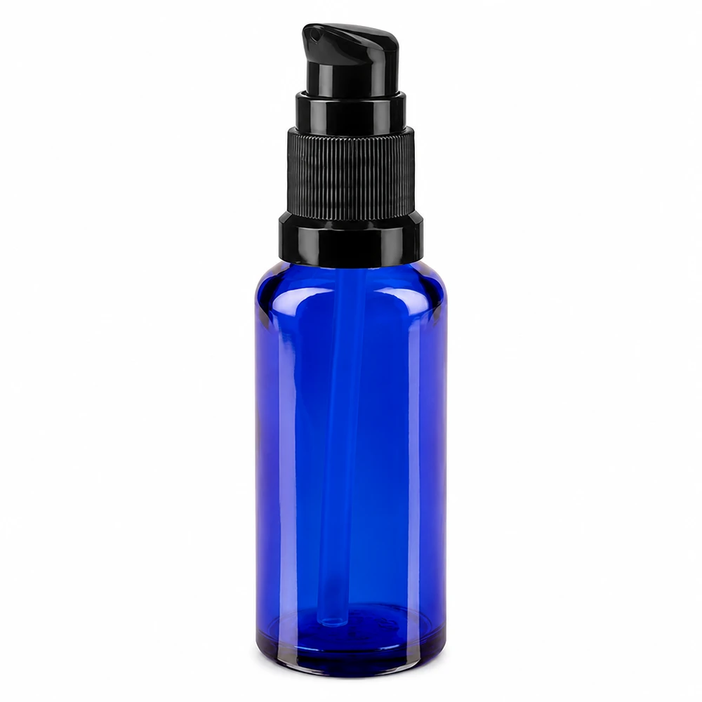 Blauw ApoGlas-flesje van 30 ml met zwarte standaardpomp voor serums