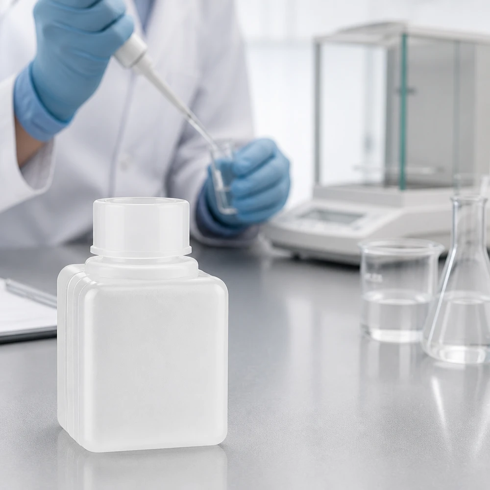 Chemicaliënbestendig miniflesje van 20 ml, PE-HD, smalle hals, naturel, voor het nauwkeurig bewaren van laboratoriummonsters