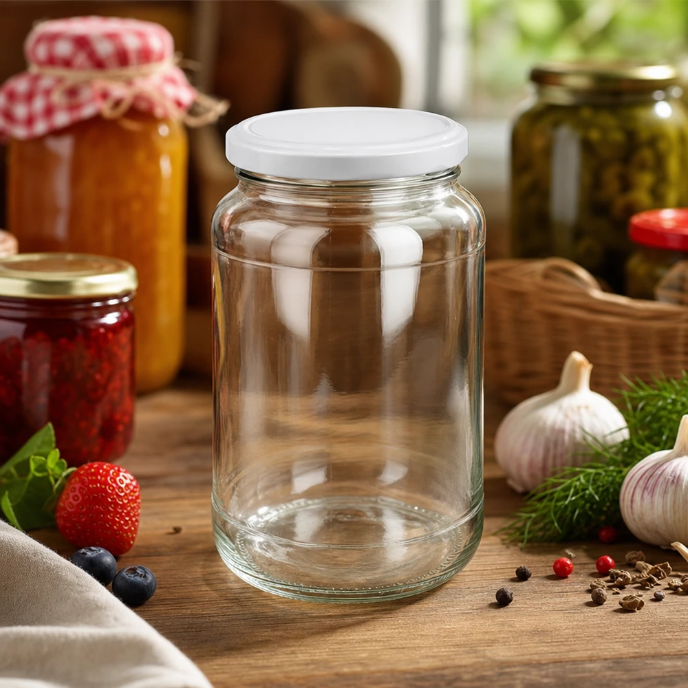 1700ml ronde pot leeg met wit BasicSeal deksel in keuken tussen jampotten en verse ingrediënten