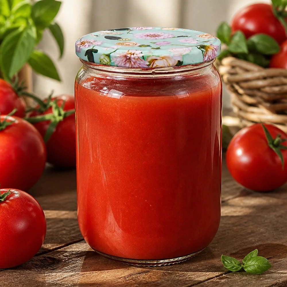 555 ml voorraadpot UNiTWIST Tomatensugo om zelf in te maken, met mintgroene twist-off-deksel met bloemmotief