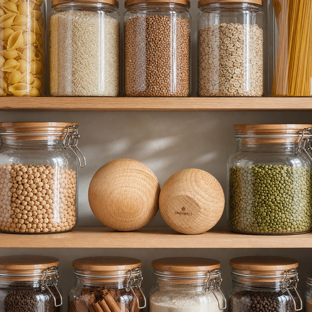 UNiTWIST houten bal beuken WECK RR60 in georganiseerde opbergkeuken met inmaakpotten peulvruchten granen pasta