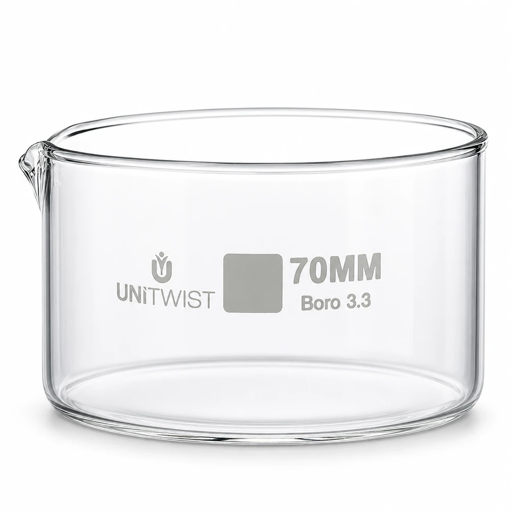 UNiTWIST laboratoriumschaal 70 mm, borosilicaatglas 3.3, plat model met uitgietmond, helder glas