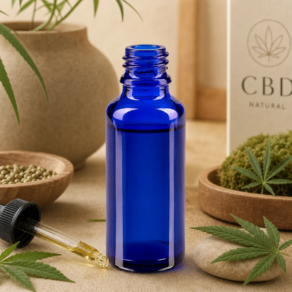 Blauwe glazen fles 30ml ApoGlas 30 ml apotheekflesje van voedselveilig blauw glas, ideaal voor hennep en plantaardige oliën