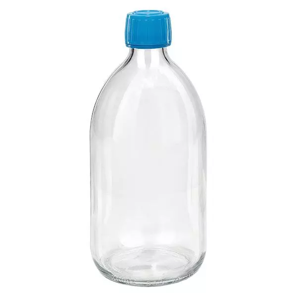 500ml Euro-medicijnfles helder met blauwe schroefsluiting VR 500ml Euro-medicijnfles helder met blauwe schroefsluiting VR