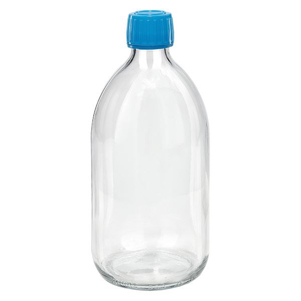 500ml Euro-medicijnfles helder met blauwe schroefsluiting VR 500ml Euro-medicijnfles helder met blauwe schroefsluiting VR