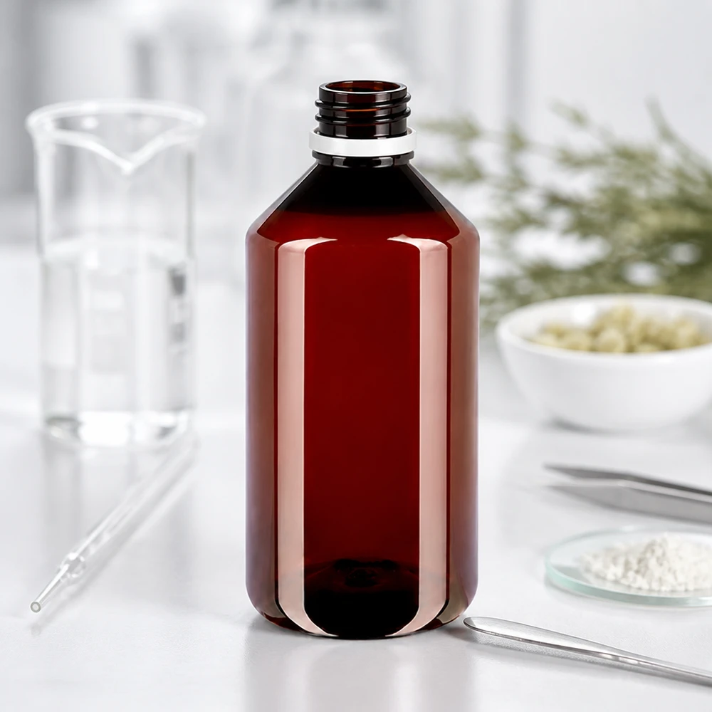 PET fles 750ml met witte verzegelstop Een bruine, lichtondoorlatende PET-fles van 750 ml beschermt lichtgevoelige inhoud in het laboratorium