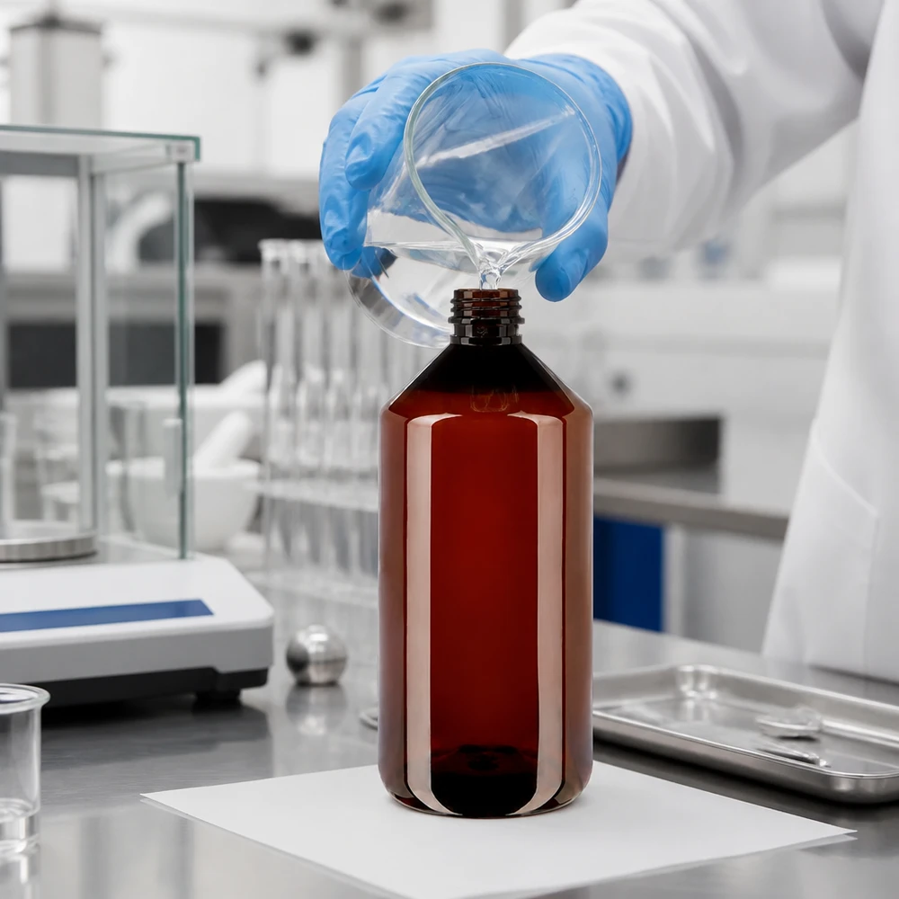 PET fles 1000ml met bruine dop Standaard Braune Kunststoffflasche 1000ml mit Standardverschluss steht auf weißer Unterlage im Labor