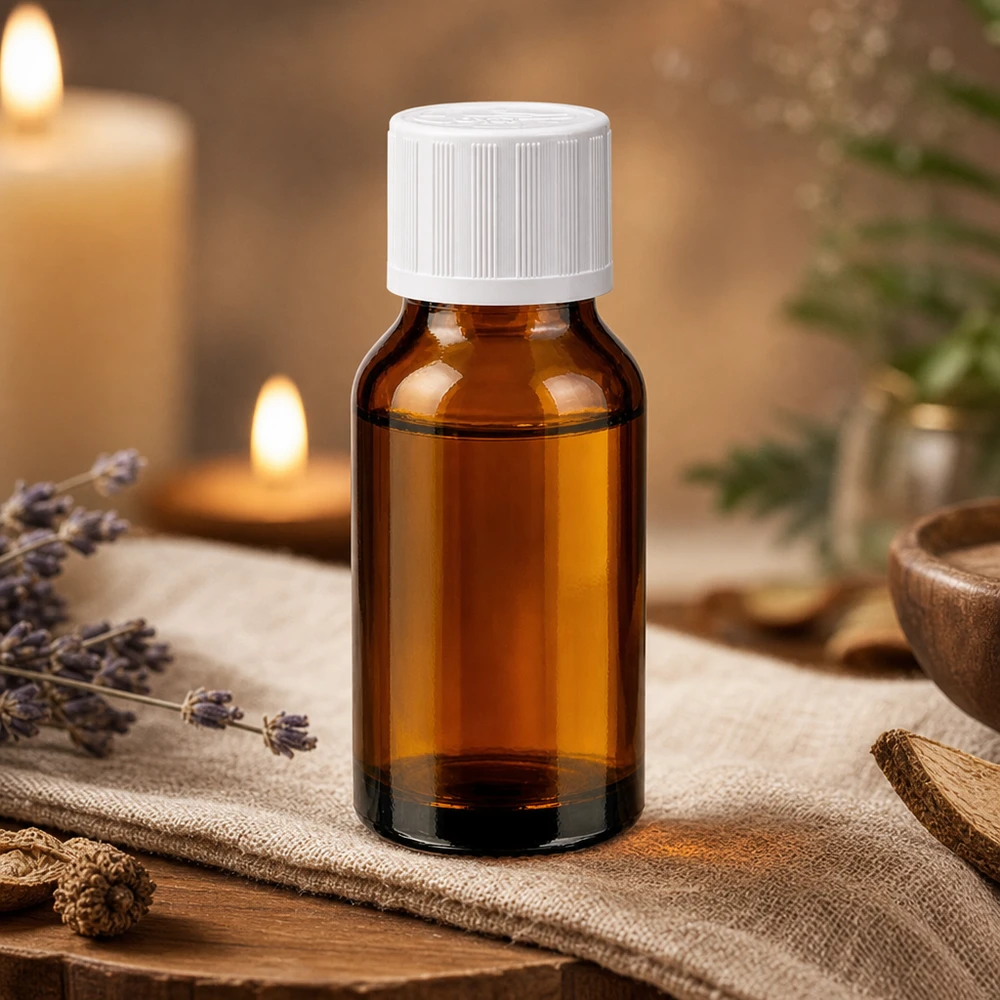 Bruine glazen fles van 30 ml met een witte KiSi-dop van 11 mm, ideaal voor het bewaren van plantaardige oliën