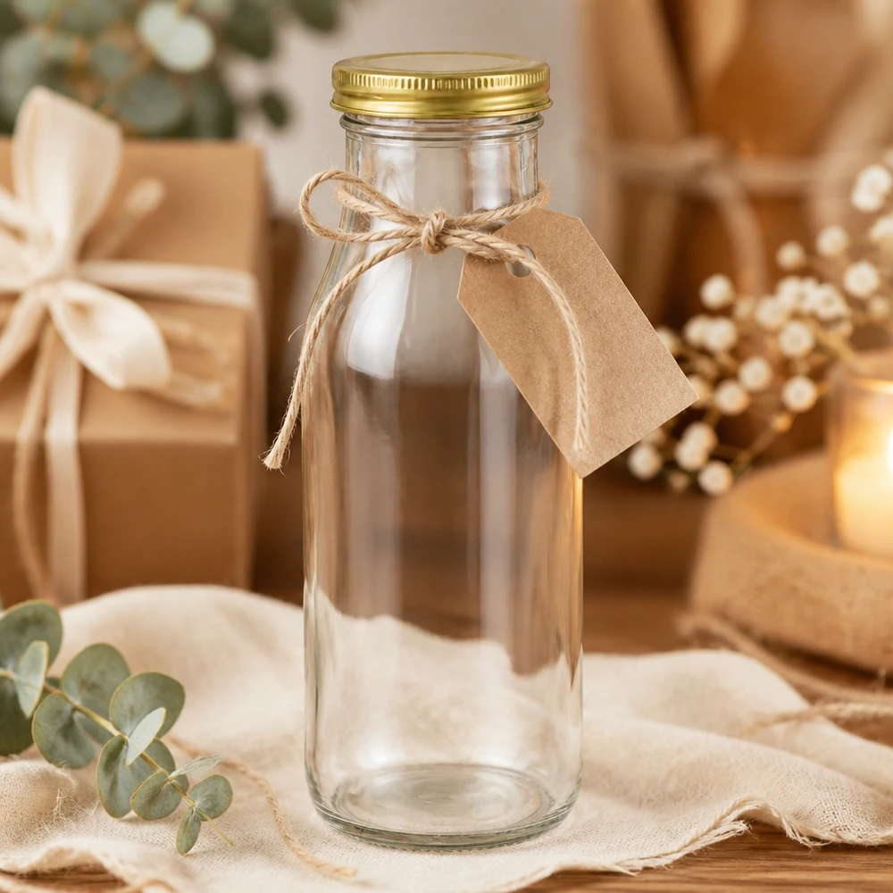 263ml fles met BioSeal deksel goud UNiTWIST UNiTWIST Bottle263 als Geschenkidee mit Bastband und Etikett in festlicher Dekoration mit goldenen TO43 BioSeal Deckel