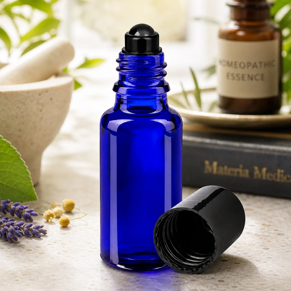 Glas deostick fles blauw 20ml, lege deo roller (Roll On) Kleine rollerfles van 20 ml, gemaakt van blauw veiligheidsglas, met een zwarte kogelapplicator