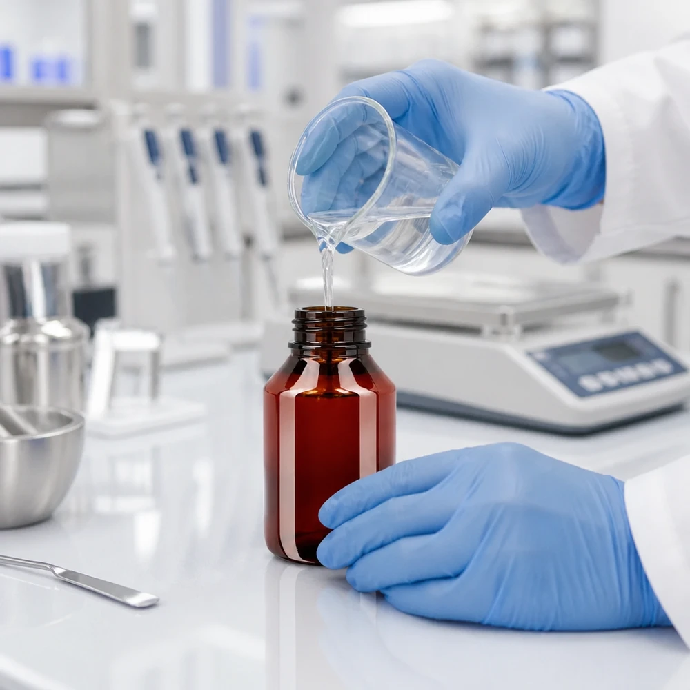 PET-fles 50ml met witte standaard OV Het vullen van een bruine PET-fles van 50 ml met wit OV op een laboratoriumweegschaal