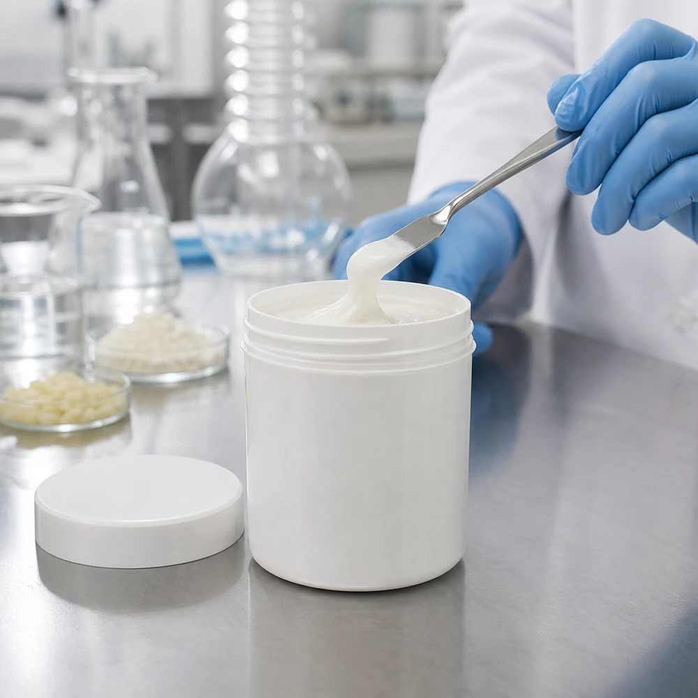 Zalfpot 30 g wit met schroefdeksel wit (PP) Het vullen van een ronde witte kunststof pot van 30 g met romige zalf met behulp van een spatel in het laboratorium