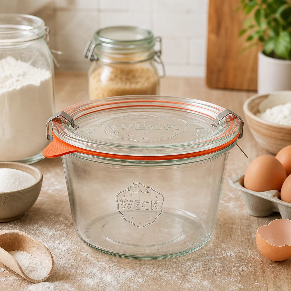 WECK 370ml RR100 lege mason jar op keukenblad tussen bakingrediënten laat veelzijdig gebruik in bakken zien