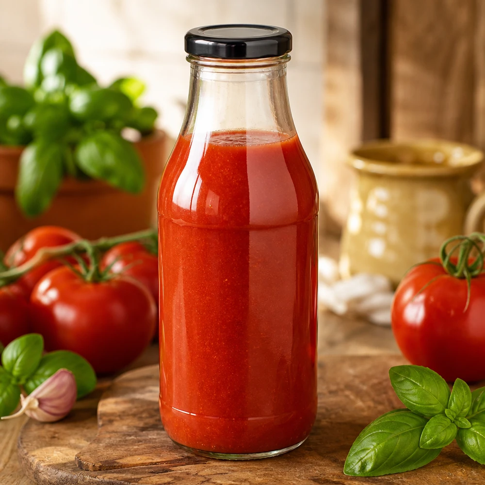 Glazen fles van 330 ml + BasicSeal-deksel, zwart, UNiTWIST Compacte glazen fles van 330 ml met een zwarte BasicSeal-dop, perfect voor passata en sappen