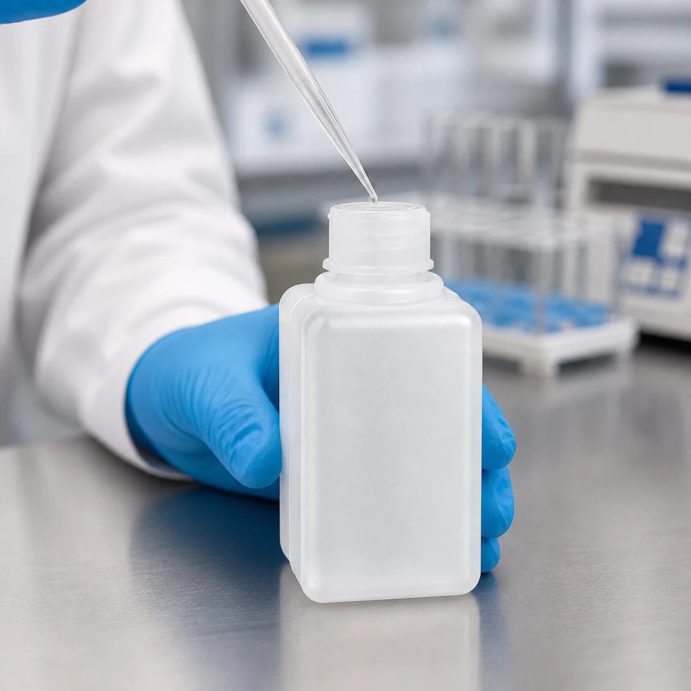 Compacte chemiefles van 50 ml met smalle hals, PE-HD, naturel, voor veilige opslag in het laboratorium