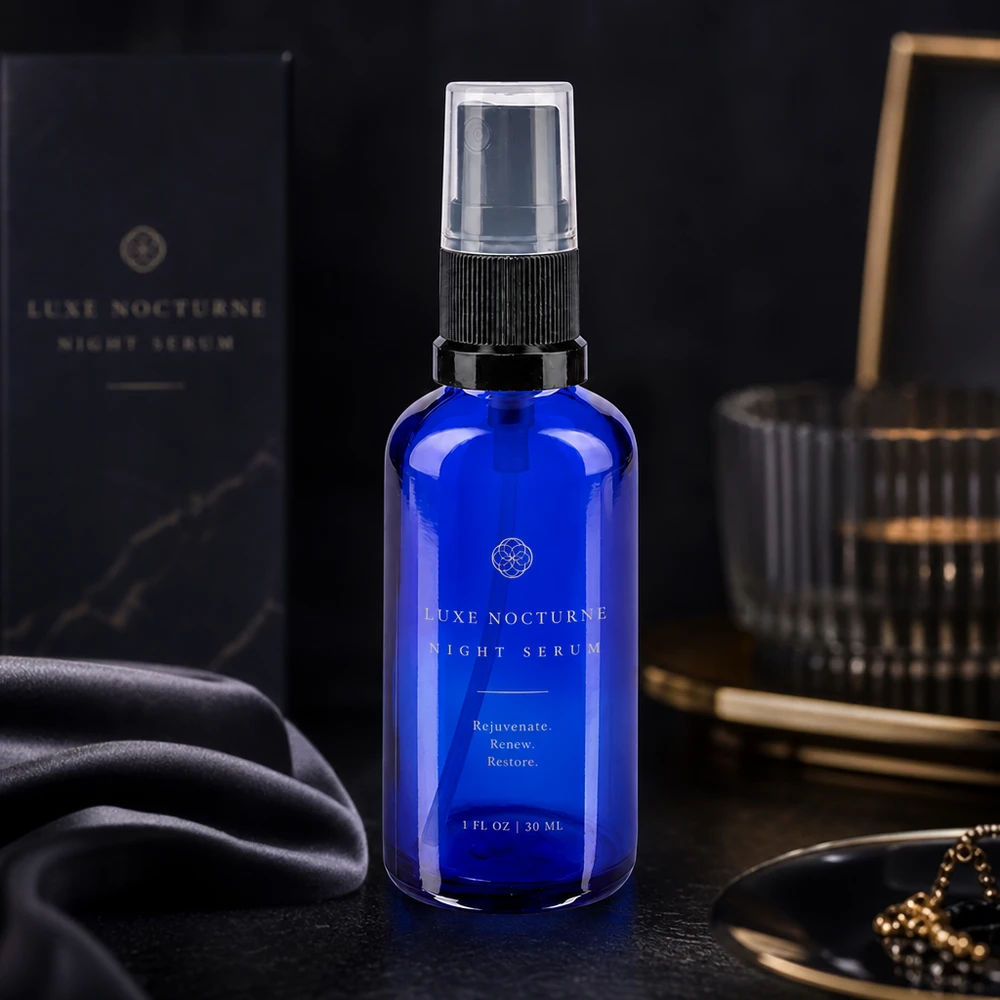 Elegante blauwe glazen spuitfles met zwarte verstuiver voor cosmeticaproducten