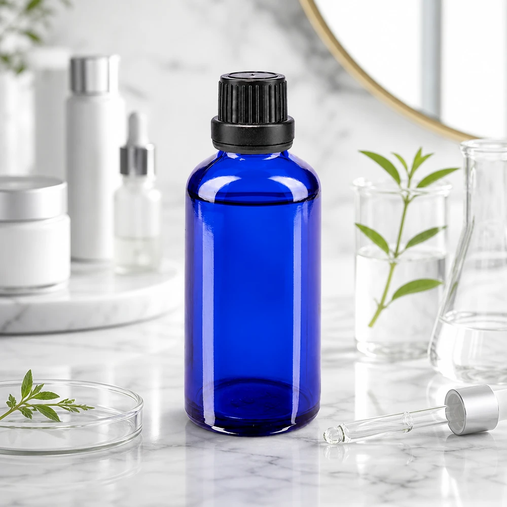 Blauwe glazen apothekersfles van 50 ml met druppelaar op elegant marmer in een spa-omgeving