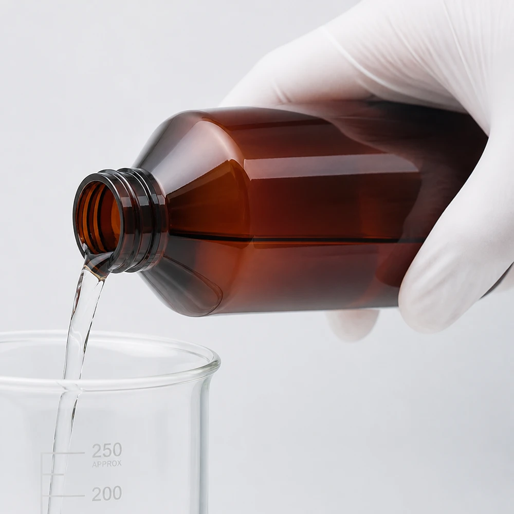 PET-fles 750 ml met zwarte spuitdop OV Chemicaliën veilig afvullen in een bruine PET-fles van 750 ml met beschermende handschoenen in het laboratorium