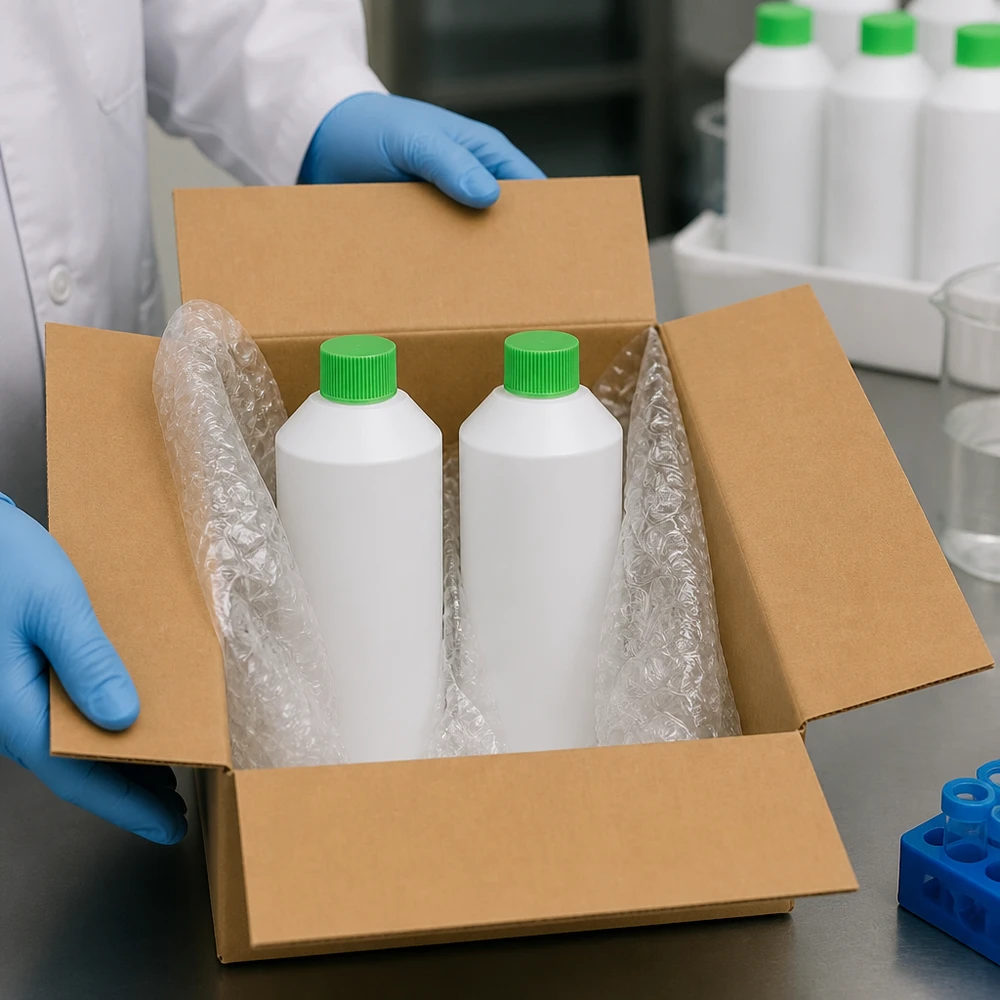 Apotheekflesjes 250 ml HDPE wit met groene SV-aanduiding, schokbestendig verpakt in verzenddoos met beschermende vulling