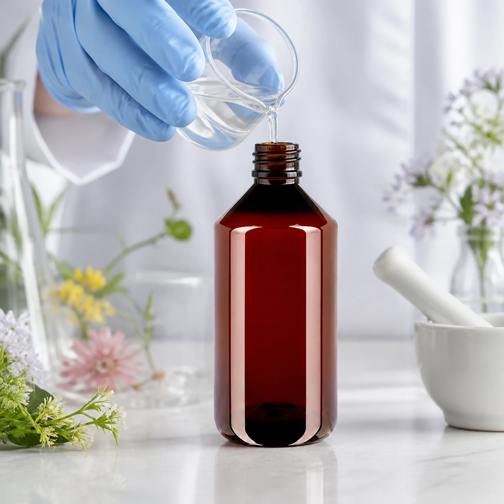 Bruine ronde PET-fles van 750 ml in een natuurgeneeskundig laboratorium met vijzel
