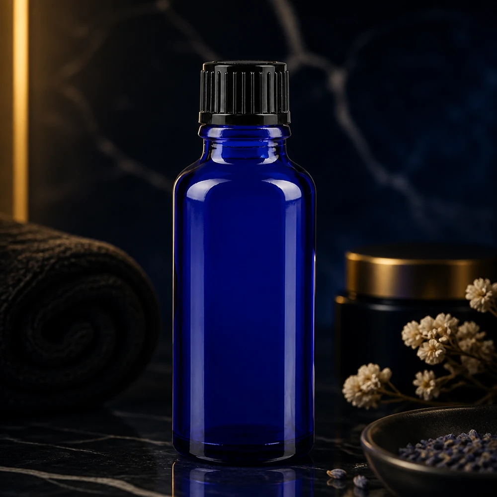 Blauwe glazen flessen 30ml met zwart druppelsluiting 1mm St Hoogwaardig blauw glazen flesje van 30 ml met zwarte druppeldop voor aromatherapie en cosmetica