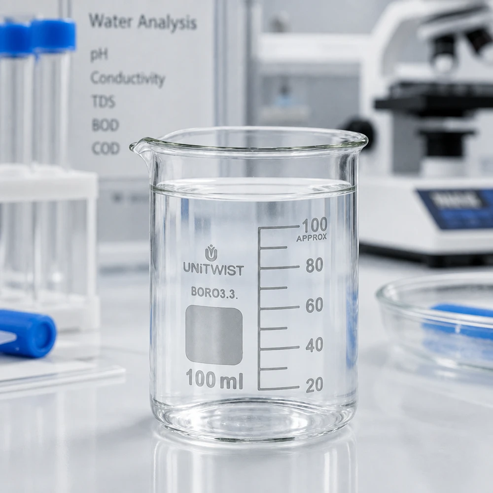 Beker 100ml borosilicaat, lage vorm UNiTWIST UNiTWIST 100 ml borosilicaatglasbeker voor wateronderzoek, met een microscoop op de achtergrond