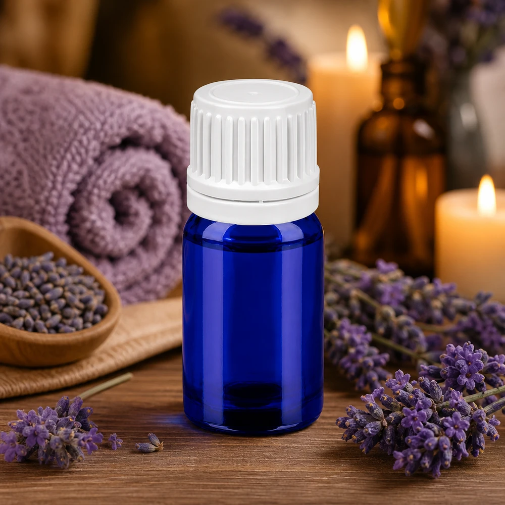 Elegant blauw 5ml flesje met witte dop voor sterk geconcentreerde actieve ingrediënten