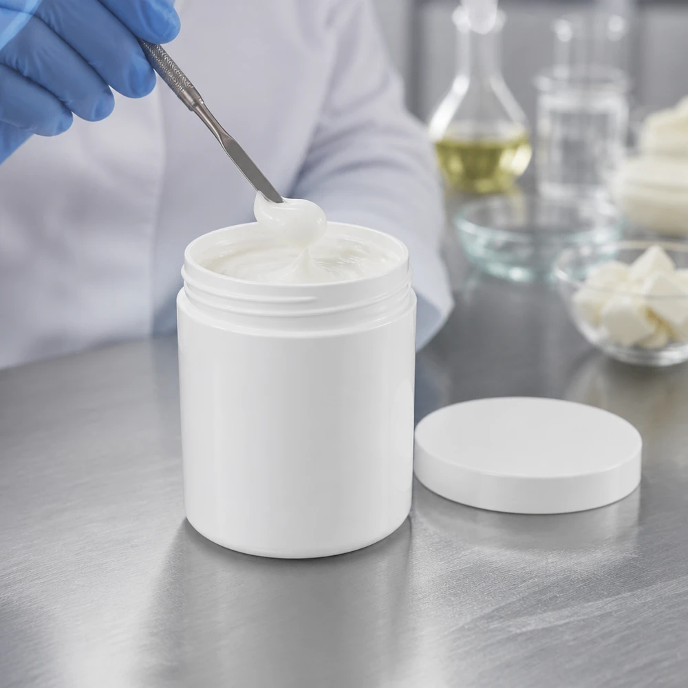 Kleine verpakking: zalfpotje van 50 g, wit, met apart deksel, op een roestvrijstalen werkblad in een cleanroom