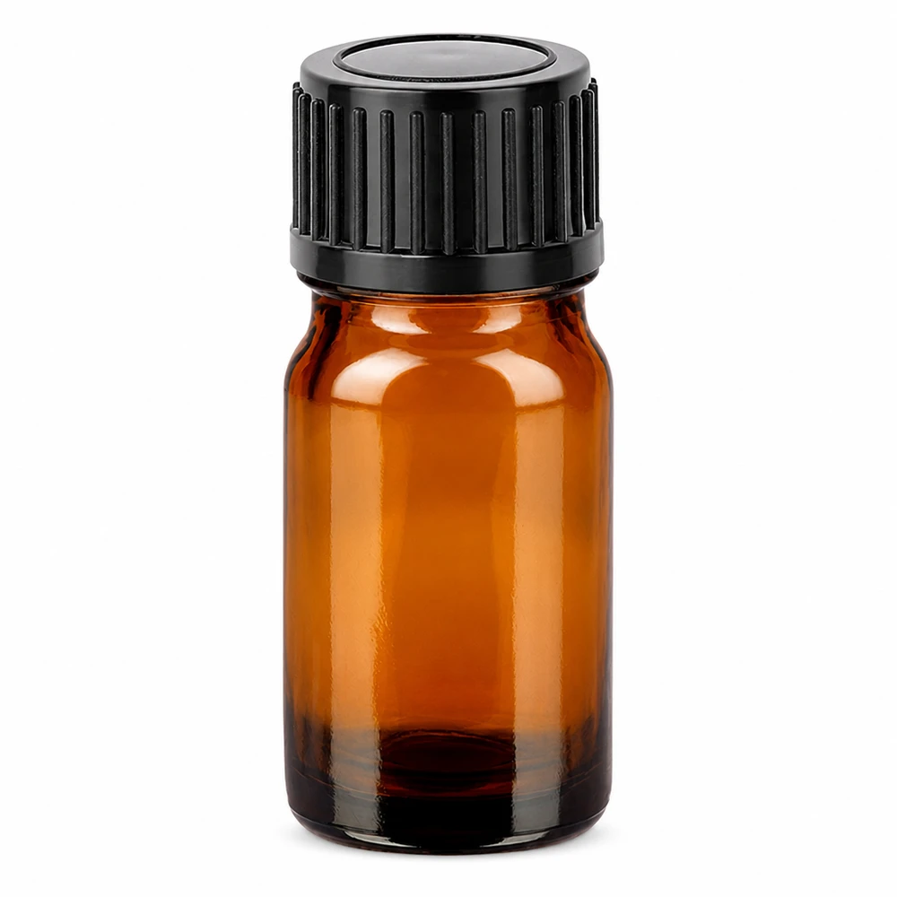 5ml amberkleurig glazen flesje met zwarte schroefdop voor essentiële oliën en aromatherapie