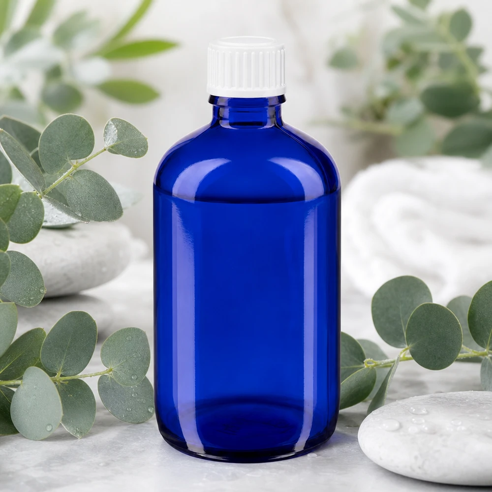 Blauwe glazen flessen 100ml met wit schroefsluiting St Ronde blauwe Apo-fles van 100 ml, van borosilicaatglas, met een witte schroefdop van 11 mm