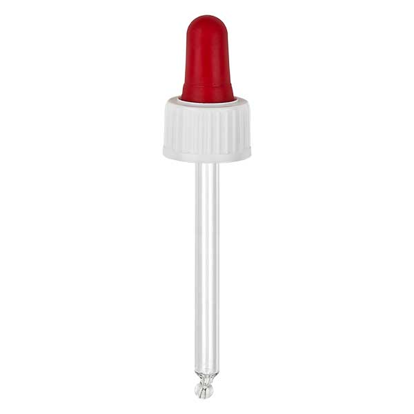 Glazen druppelpipet wit/rood 18 mm PL66 garantiesluiting St Glazen druppelpipet wit/rood 18 mm PL66 garantiesluiting St