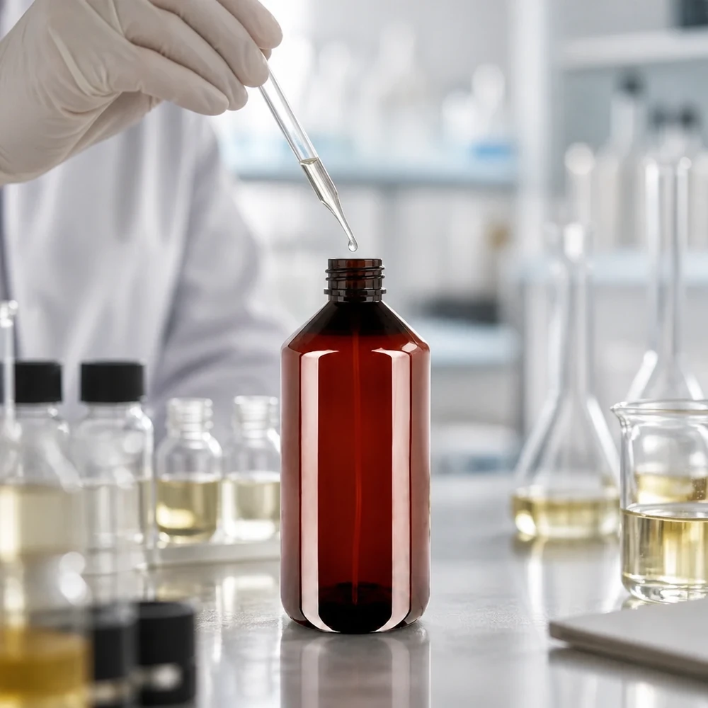 1000 ml PET medicijnfles met verstuiver zwart GCMI 28/410 incl. dop transparant, standaard Stevige, amberkleurige ronde fles van PET-kunststof met een inhoud van 1000 ml voor laboratoriumgebruik