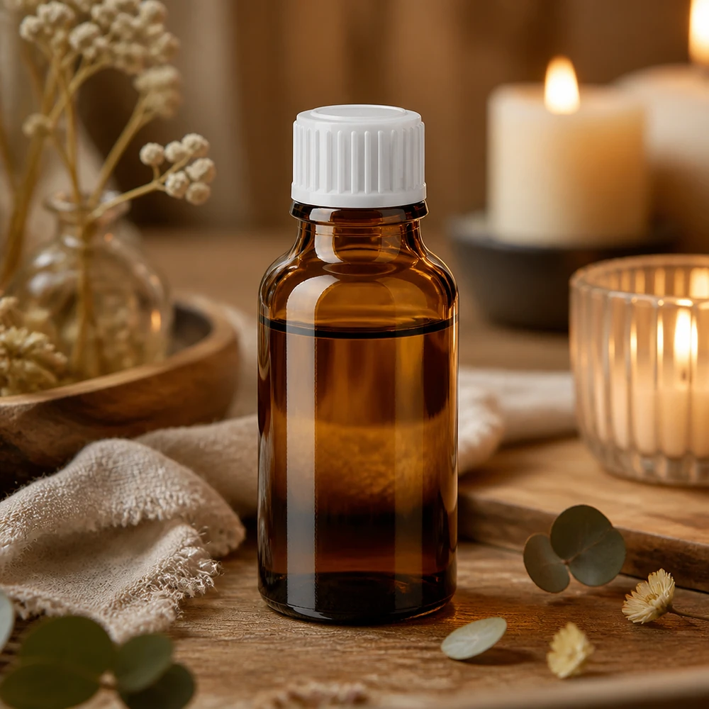 Bruine glazen fles 20ml met wit schroefsluiting St Lichtbestendige fles van bruin apothekersglas, 20 ml, met witte standaarddop, geschikt voor etherische oliën