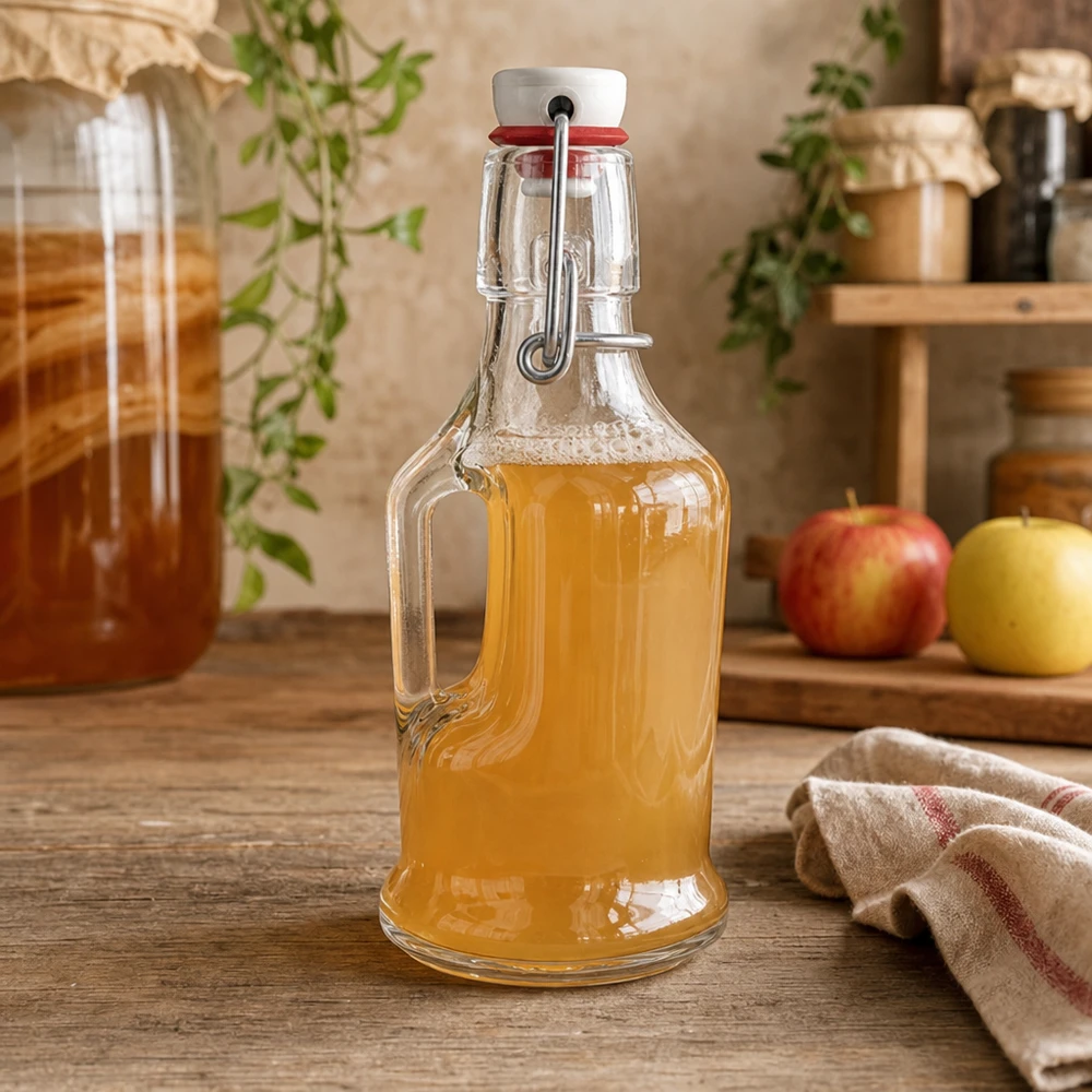 UNiTW glazen fles Bertha 200ml gevuld met appelsap in rustieke keuken naast appels swing top detail