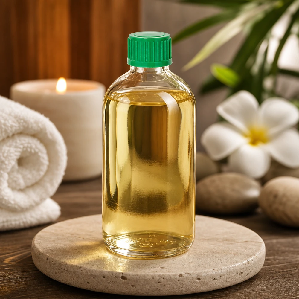 ClearLine UT18-druppelfles van 100 ml met groene dop op natuursteen naast wellness-accessoires