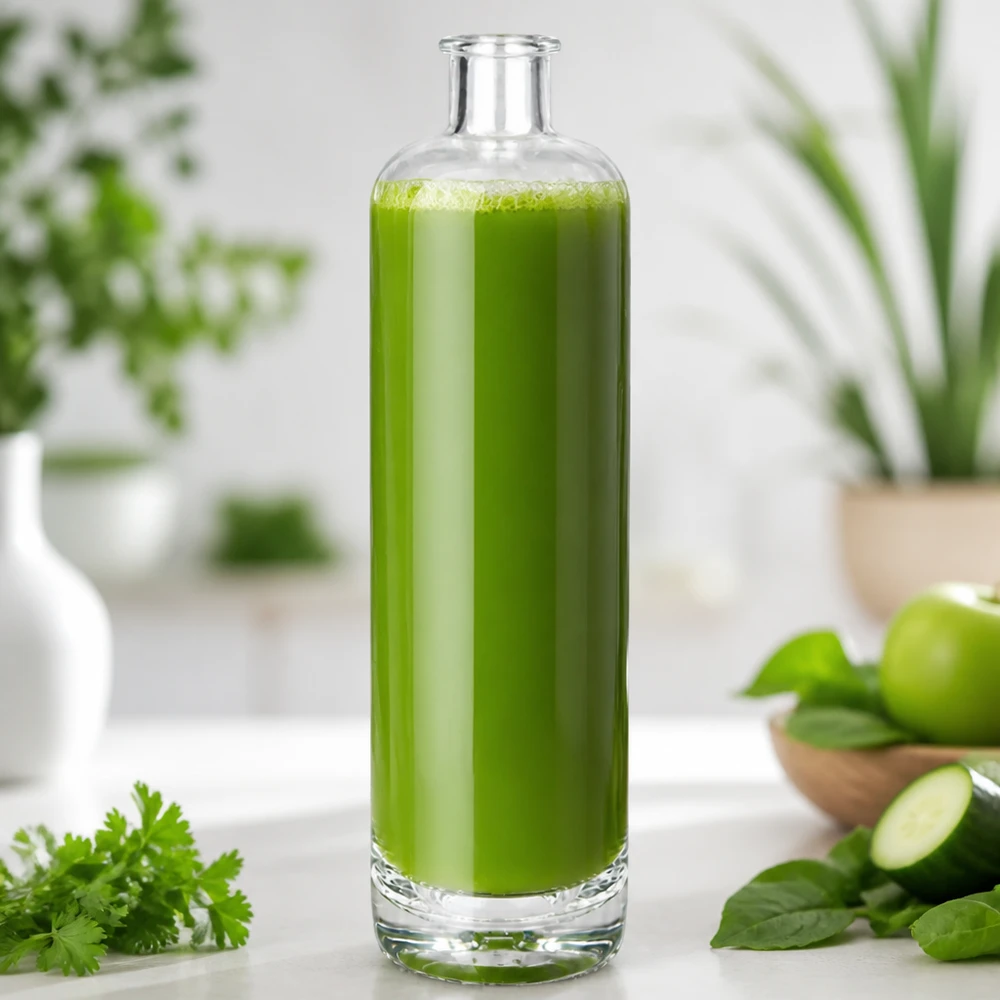 700 ml glazen fles van Ella gevuld met groene smoothie in keuken versierd met verse kruiden en groenten