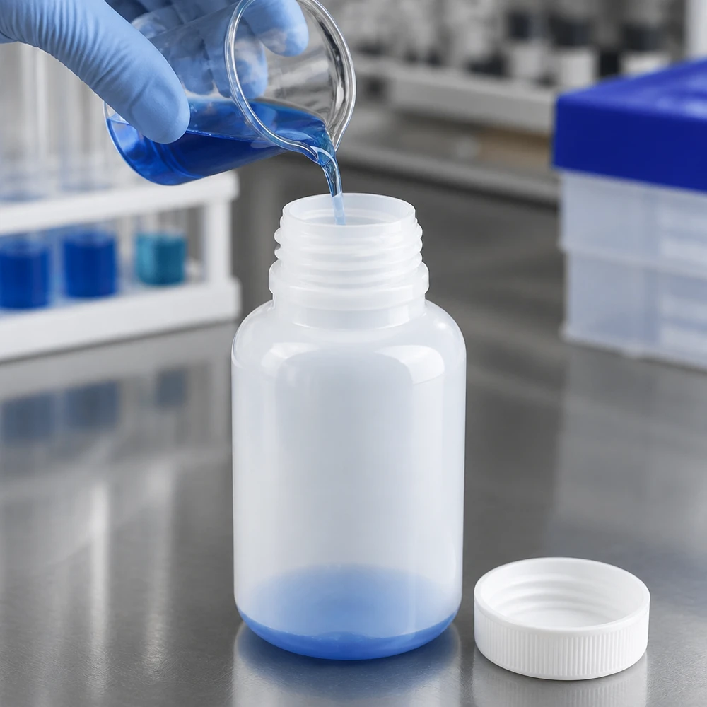 Doorzichtige laboratoriumfles van 250 ml zonder deksel met blauwe vloeistof op een glanzend metalen oppervlak