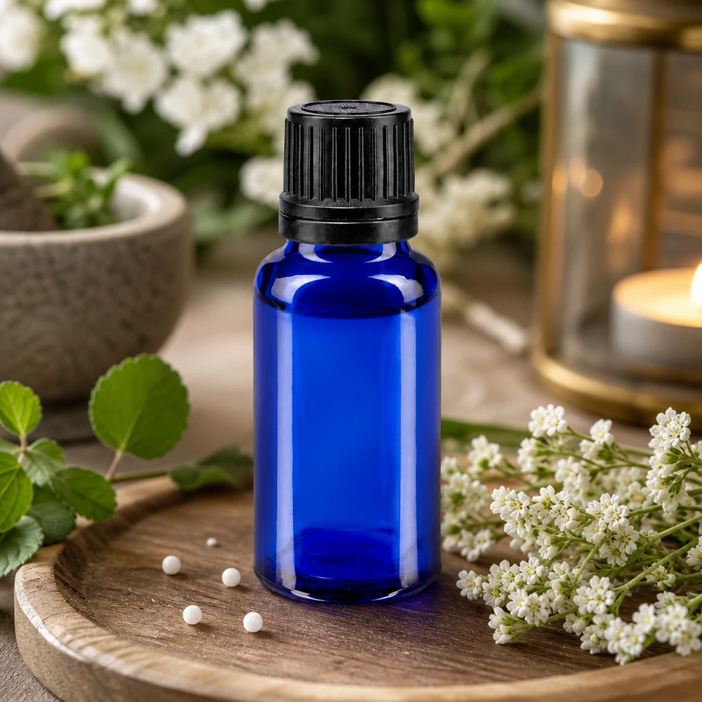 Blauwe glazen flessen 20ml met wit druppelsluiting 1mm VR Blauw glazen flesje van 20 ml met zwarte verzegeling op een houten dienblad met witte bloemen