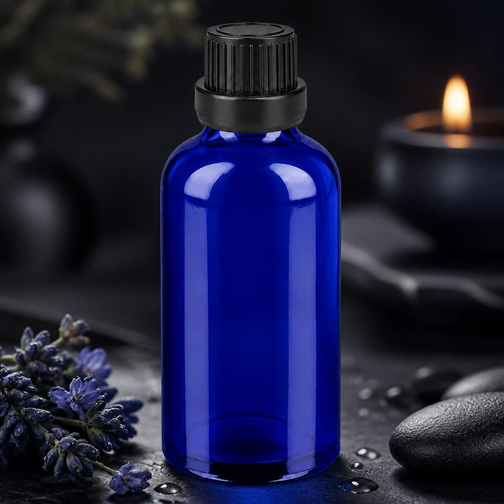 50ml flacon 11mm SV zwart OV BlueLine UT18/50 Kleine, handige glazen fles van 50 ml met zwarte schroefdop, ideaal voor op reis en onderweg