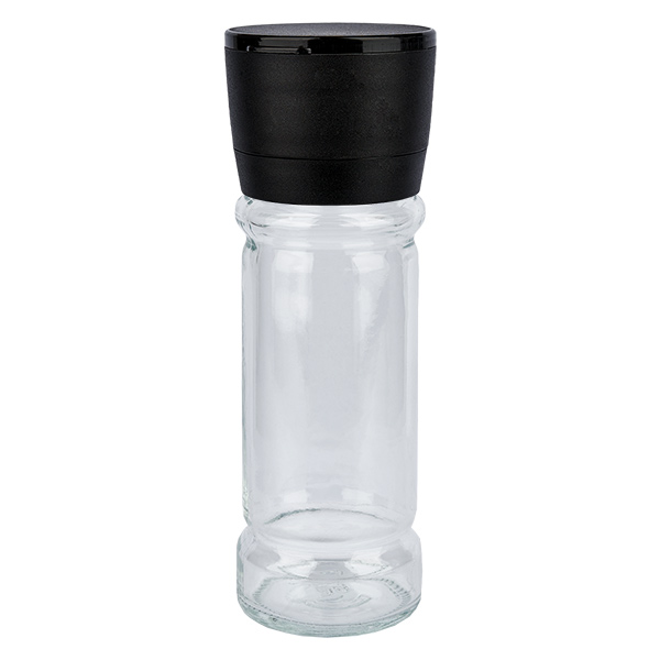 Kruidenpotje van helder glas, 100 ml, met molen, zwart keramiek Kruidenpotje van helder glas, 100 ml, met molen, zwart keramiek