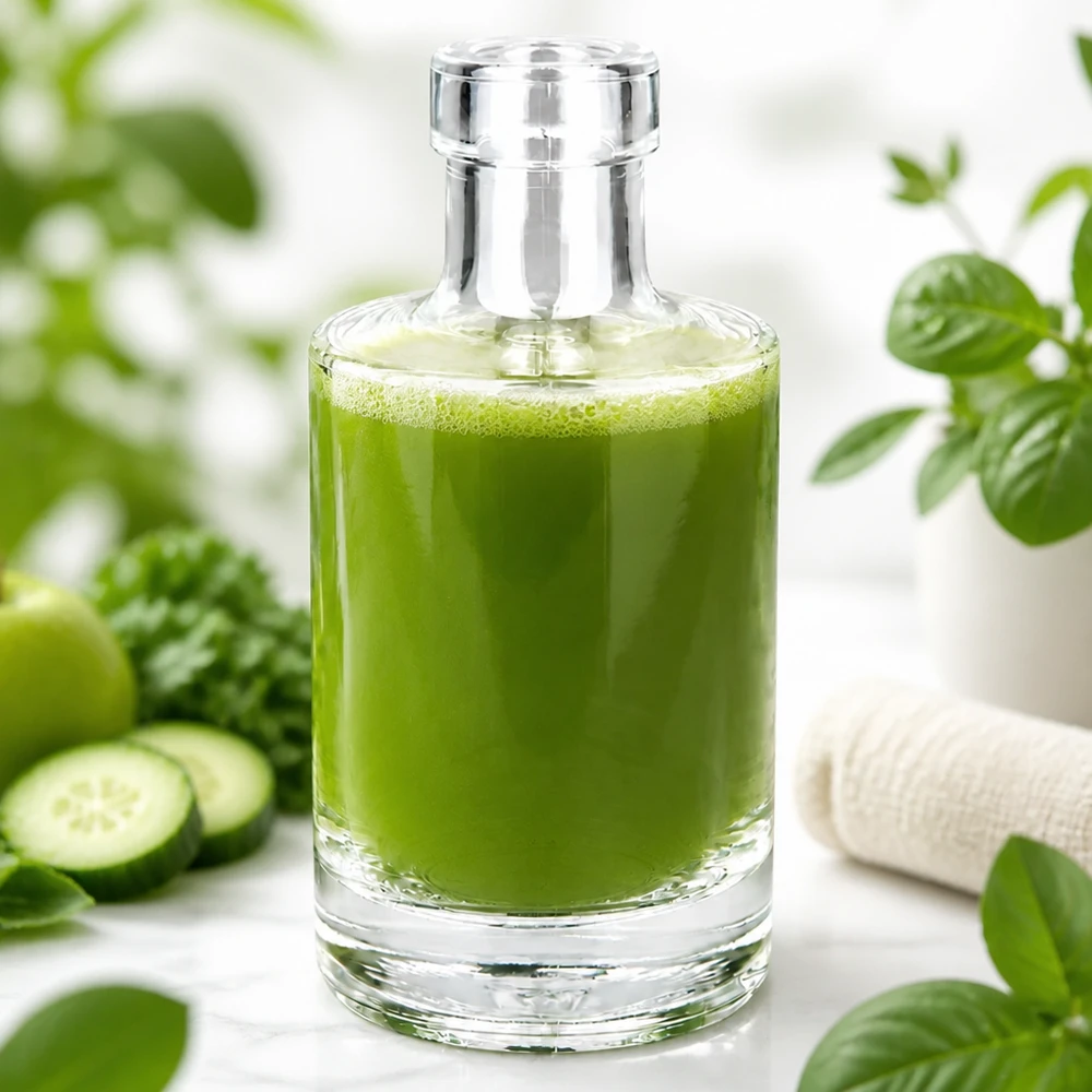 200ml glazen fles Marie gevuld met groene smoothie omringd door komkommers en planten gezonde voeding levensstijl