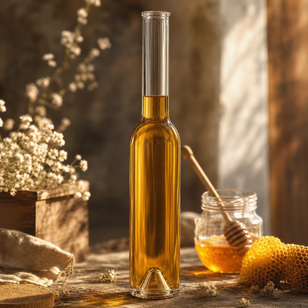 200ml glazen fles Hugo gevuld met honing naast honingraat en honingpot rustieke decoratie warm licht