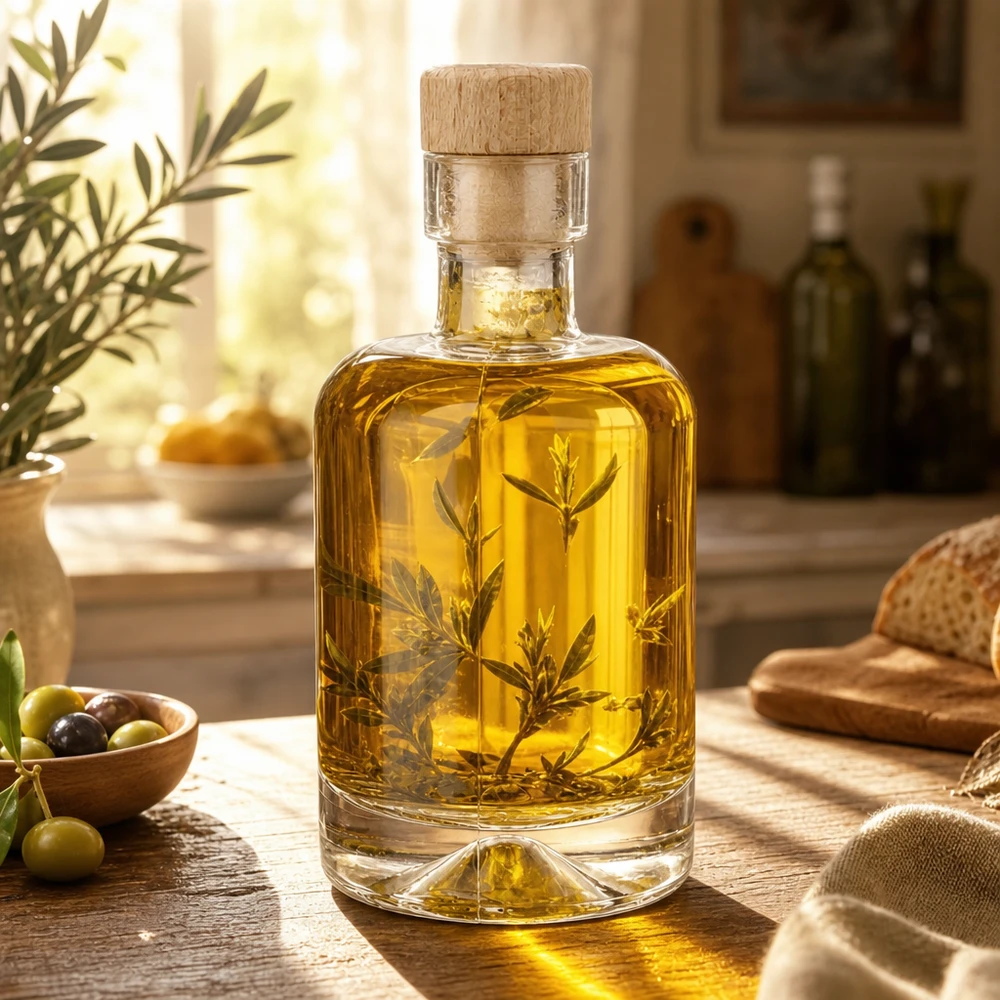 50ml glazen fles Amelie gevuld met olijfolie en kruiden in een mediterrane keuken met olijven en brood